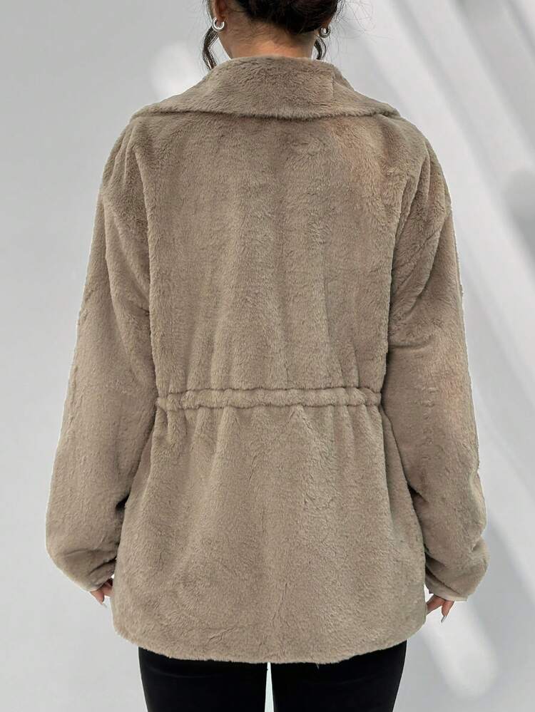 Contrast Color Plush Coat With Pocket And Waist Drawstring Design Fall Cloth For Women
