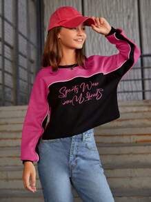 RueChic Girls Slogan Graphic Colorblock Drop Shoulder Sweatshirt - Pink - View 1