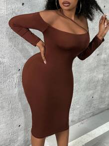 Slaydiva 大尺碼女士露肩緊身連身裙 - 棕色 - 查看 5