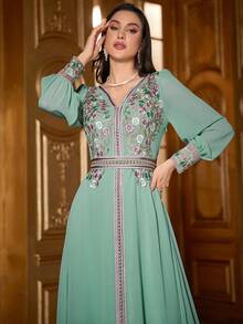 Elegant Floral Embroidery Patchwork Modest Long Sleeve Dress Kaftan Arabian Dress Spring Vacation - Mint Green - View 7
