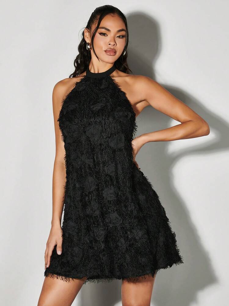 Plush Floral Halterneck Strappy Dress