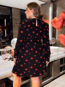 Flirla Plus Size Love Pattern Puff Sleeve Dress - Black - View 2