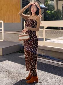 DAZY Váy dây đeo spaghetti in hoa Ditsy dành cho nữ - Màu Khaki - Xem 3