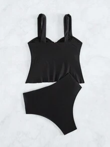 SHEIN Swim Summer Solid Color Separated Tankini Set Carnival - Black - View 4