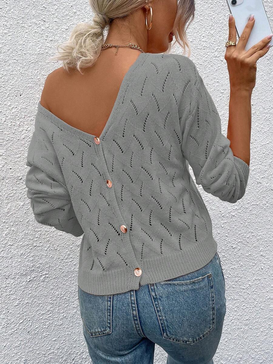 SHEIN LUNE Màu thuần Áo len dệt kim Với nút Đồ trang trí Trở lại - Xám - Xem 1