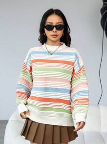 GENKIRA Drop Shoulder Striped Knit Pullover Fall Winter Sweater - Multicolor - View 4