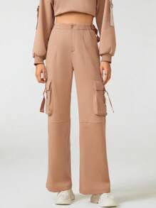 Cacao Bloom 设计师品牌女款纯色翻盖口袋运动裤，秋季，适合秋冬季，假日 - 卡其色 - 查看 5