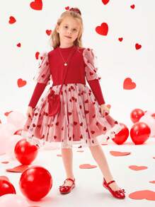 SHEIN Young Girl Cute Heart Mesh Long Sleeve Dress For Autumn/Winter - Red - View 5