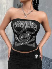 SHEIN Coolane Women's Skull & Rhinestone Decor Strapless Top - Black - View 1
