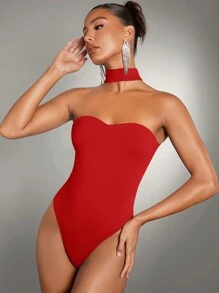 SHEIN BAE 純色掛脖連身衣 - 紅色 - 查看 5