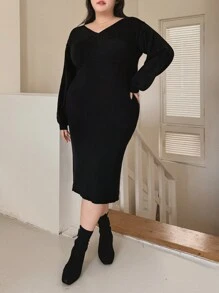 Dazy Plus Damen Große Größen Pulloverkleid mit V-Ausschnitt und Langarm - Schwarz - Übersicht 7