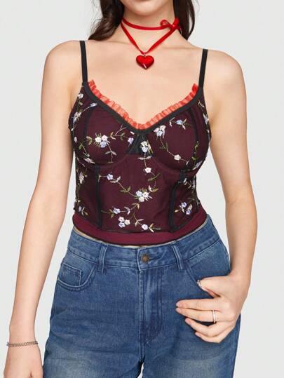 Sweetness Top Canotta A Doppio Strato Ricamato Con Fiori Dolci In Stile Retrò Per Donna