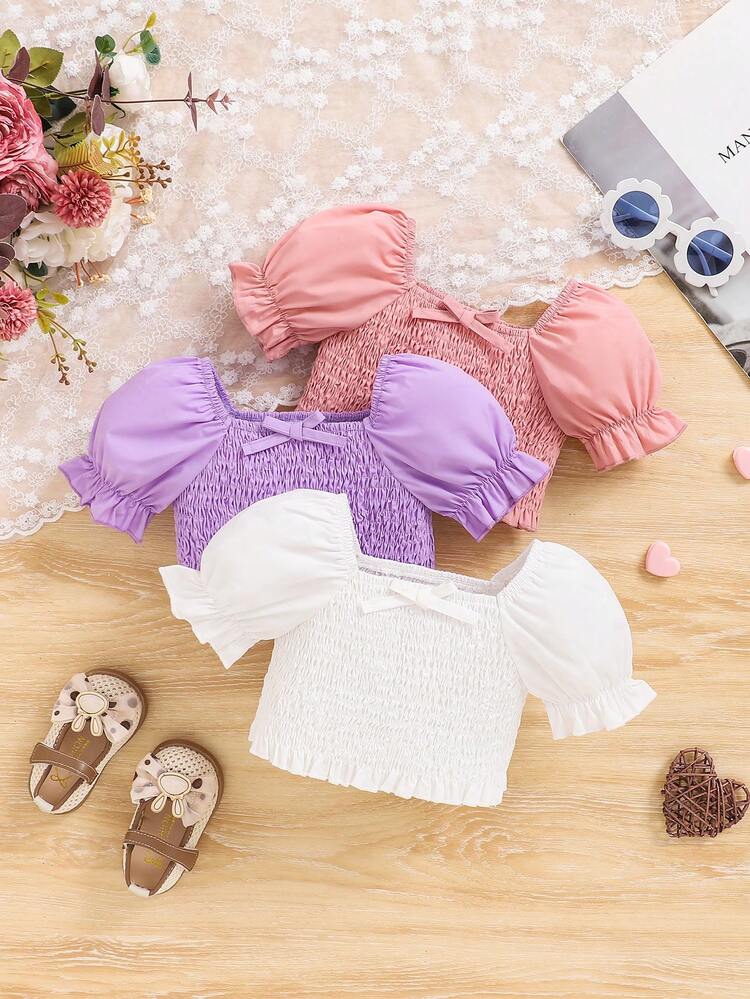 Baby Girls' Plain Shirred Tunic Top 3pcs Set