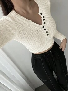 DAZY Women's Buttoned Half Placket Sweater Fall - Apricot - View 7