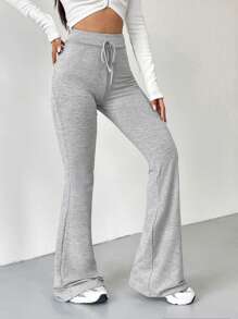 SHEIN EZwear 复古风灰色系带腰部喇叭裤运动裤 - 淺灰色 - 查看 5