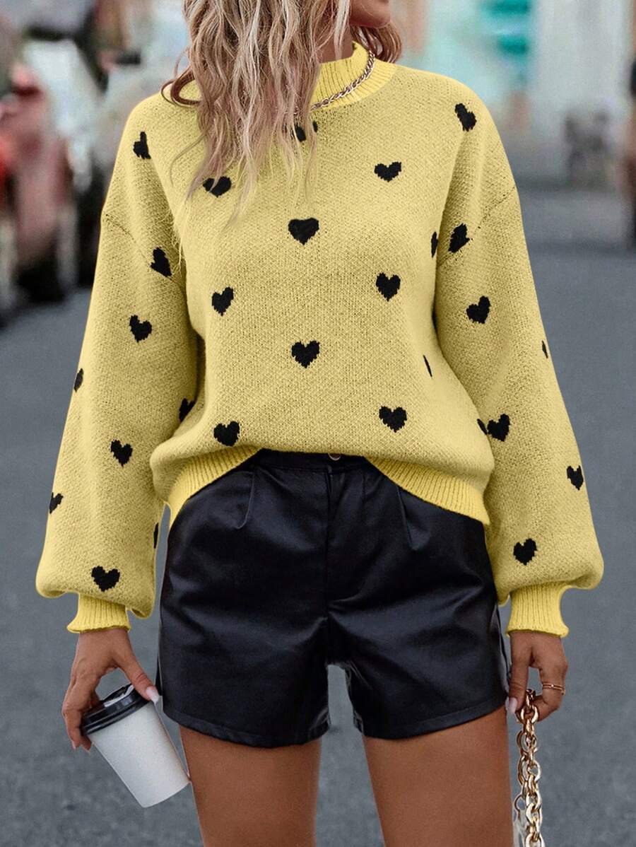 SHEIN LUNE Women'S Stand Neck Loose Fit Heart Pattern Drop Shoulder Casual Sweater