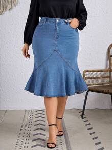EMERY ROSE Plus Size High Stretch Elegant Luxurious Flared Denim Mermaid Skirt - Medium Wash - View 1