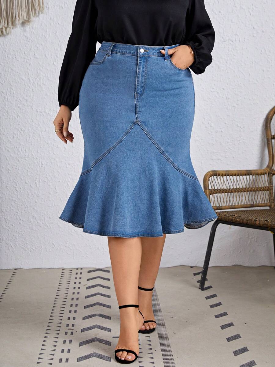 EMERY ROSE Plus Size High Stretch Elegant Luxurious Flared Denim Mermaid Skirt - Medium Wash - View 1