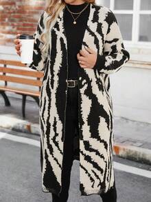 Calvaya 大尺碼女士斑馬紋提花燈籠袖針織外套 - 黑與白 - 查看 3