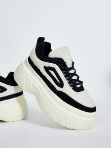 SheIn ICON 女士黑白運動厚底運動鞋，冬季保暖內裡，輕便舒適，適用於約會、學校、街頭和戶外運動休閒鞋 - 黑與白 - 查看 8