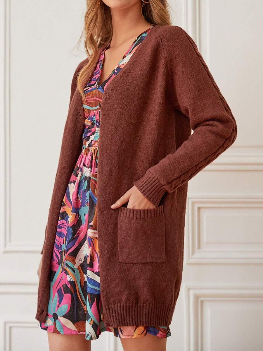 SHEIN Frenchy 女款插肩長袖雙口袋開襟衫 - 棕色 - 查看 1