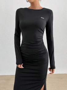 SHEIN EZwear 分裂式褶邊修身長袖緊身連衣裙 - 黑色 - 查看 3