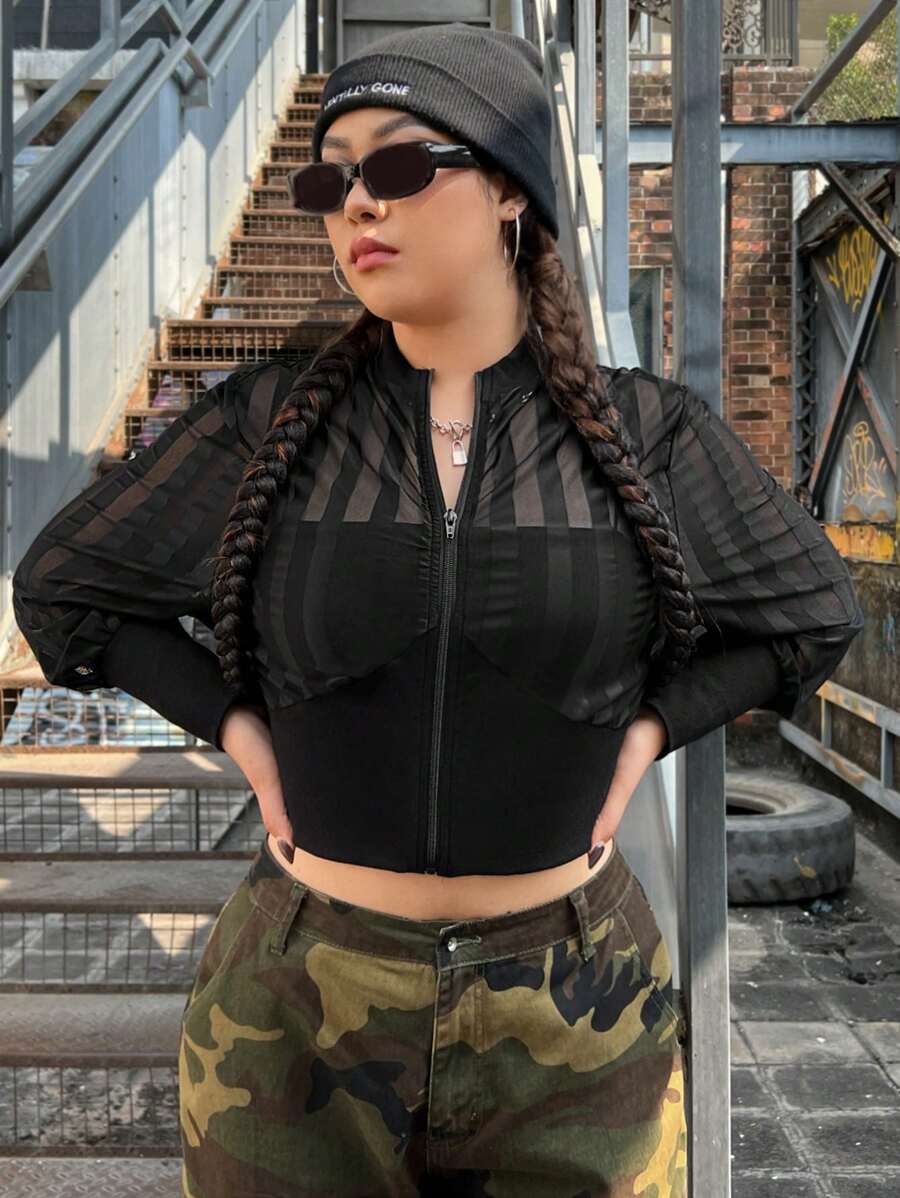 SHEIN EZwear Women'S Plus Size Mesh Jacket - Black - View 1