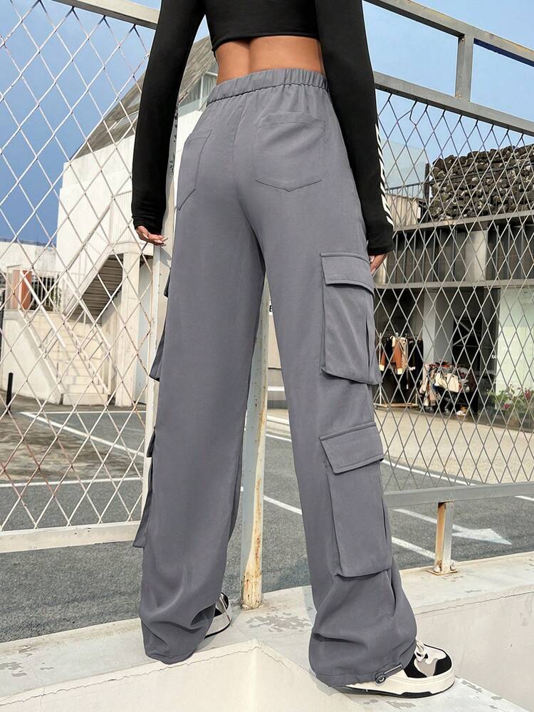 Women'S Solid Color Drawstring Waist Long Pants, Cargo