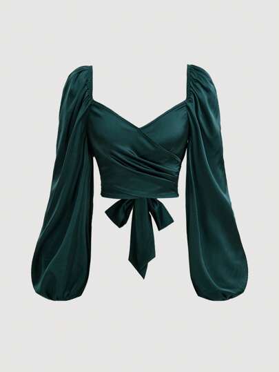 SHEIN MOD 大码女式灯笼袖裹身式衬衫，采用提花面料制成