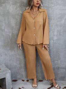 Calvaya 大尺碼純色喇叭袖衫和褲子套裝 - 杏色 - 查看 5