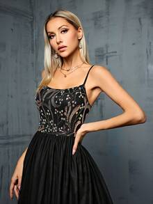 MGIACY Sequined Floral Pattern Net Chiffon Halter Evening Dress - Black - View 5