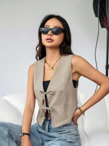 SHEIN Essnce Không tay Dây rút Áo khoác - Màu Khaki - Xem 4