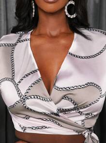 Slaydiva Camisa Corta Para Mujeres Con Patrón De Cadena Y Cinturón Delantero Con Nudo - Multicolor - Ver 5