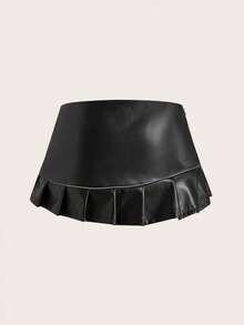 SHEIN ICON Asymmetrical Waist Contrast Piping Ruffle Hem PU Leather Skirt - Black - View 3