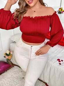 SHEIN Franclia Kích thước lớn Không đối xứng Off Shoulder Áo thun Với Viền trang trí - Đỏ - Xem 5