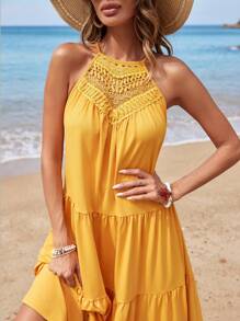 SHEIN VCAY Vestido Con Dobladillo Con Volantes Y Cuello Halter Con Empalme De Encaje Para Mujer - Amarillo - Ver 3
