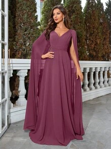 UNITHORSE 纯色拼布斗篷袖连衣裙 派对礼服 婚礼宾客礼服 正式礼服 晚礼服 - 中紫紅色 - 查看 5