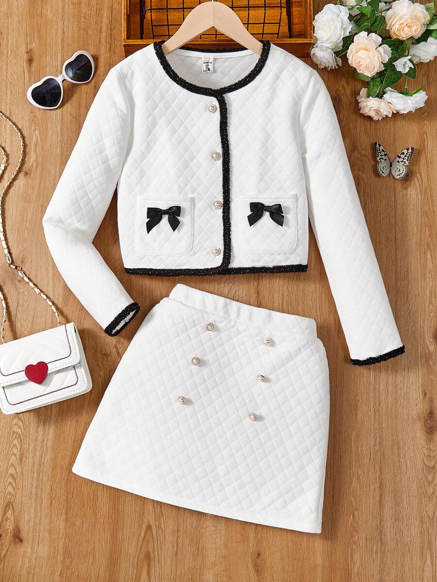 SHEIN Girls' Woven Colorblock Collarless Short Jacket And Woven A-line Skirt Two Piece Set - White - View 1