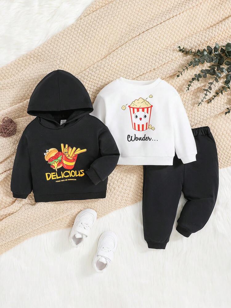 Baby Girls' Hamburger And French Fries Printed Long Sleeve Sweatshirt, Elastic Waist Long Pants 3pcs Set