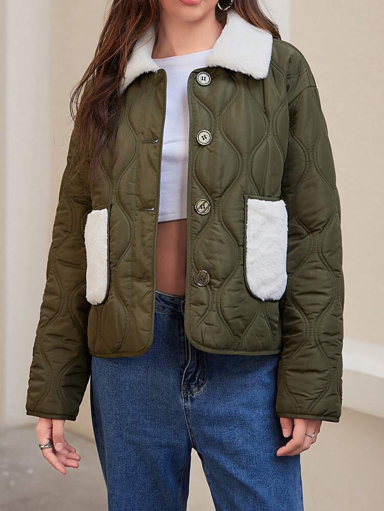Fuzzy Collar And Pocket Quilted Puffer Jacket Fall Cloth For Women