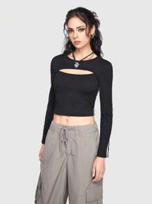 ROMWE Street Life Sporty Style Tight Cropped T-shirt With Hollow Out Collar, Stripe & Side Design - Black - View 6