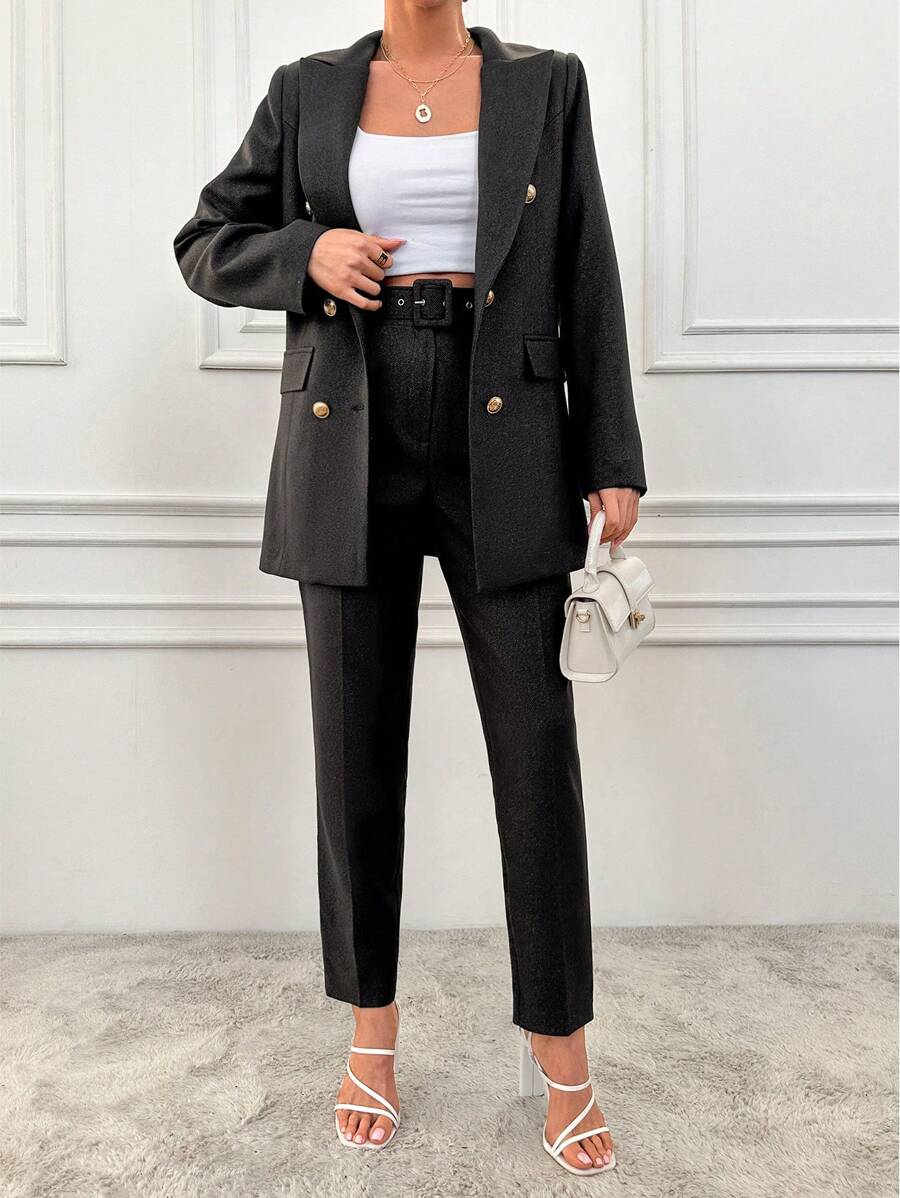 EURMUSE 雙排扣尖駁領西裝外套西裝套裝 - 深灰色 - 查看 1