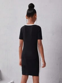 Tween 女童休闲针织拼布圆领短袖字母印花连衣裙 - 黑與白 - 查看 2