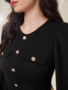 Mulvari 女士彩色拼接燈籠袖前扣式連衣裙 - 彩色 - 查看 8