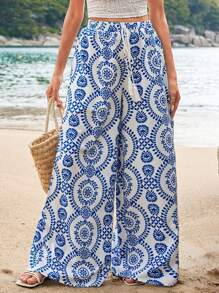 SHEIN VCAY 女性度假必備印花寬腿褲 - 藍色 - 查看 1