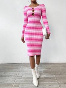 Chiquease 露肩綁帶細節條紋毛衣裙 - 粉色 - 查看 4