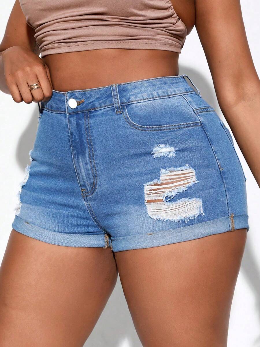 SHEIN SXY 加大碼破洞牛仔短褲