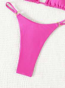 SHEIN Swim 夏季海滩纯色三角杯挂脖分体比基尼套装 - 玫紅色 - 查看 5