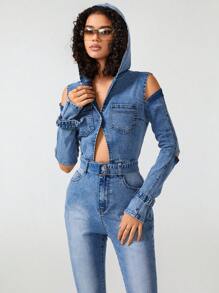 Samanta X Cold Shoulder Pocket Patched Ripped Denim Jumpsuit