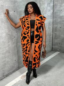 Slaydiva Plus Size Women's Leopard Print Cardigan - Orange - View 3